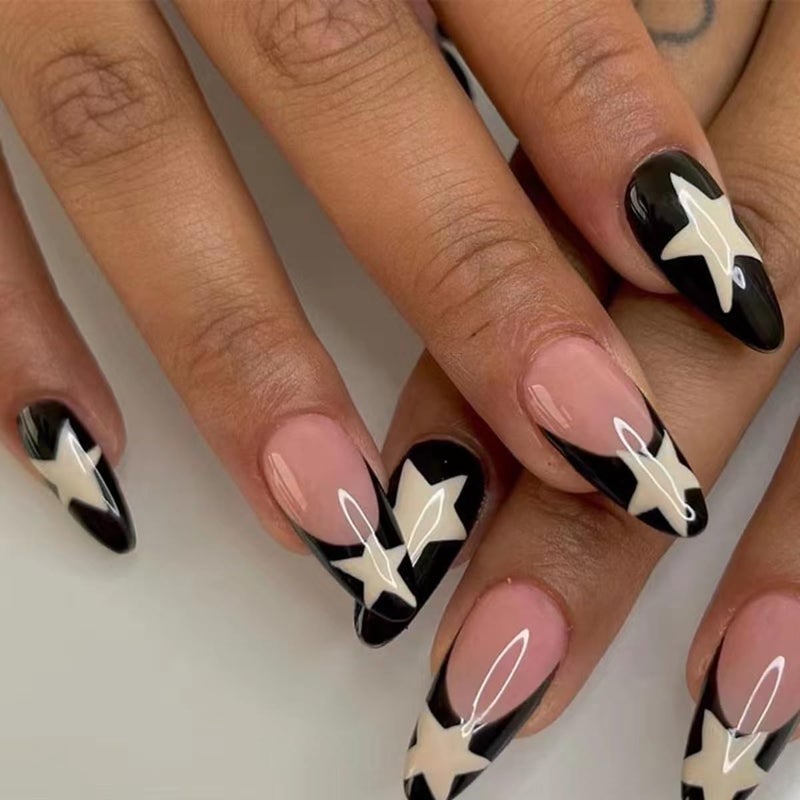 CTTHNBD Medium Almond Press on Nails Black Fake Nails White Star False Nails with French Tip Design for Women Manicure 24Pcs - Image 1